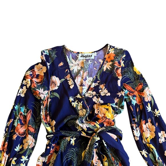 Meghan LA Lilypad Iris Navy Bell Sleeve Open Slit Maxi Dress Size Small Women's - Picture 3 of 16